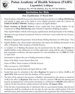 Patan Academy of Health Sciences (PAHS) invites bidders for construction of deep-well boring