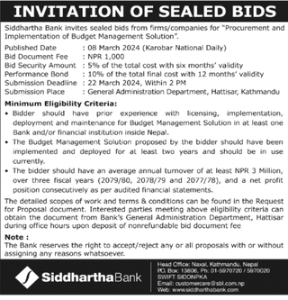 Invitation of Sealed Bids from Siddhartha Bank