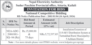 Invitation for Bids for the Installation/Extention of 11/0.4kV Distribution System at Turmakhad Rural Mucicipality