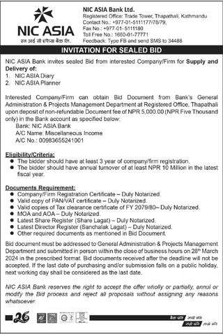 NIC ASIA Bid invitation for supply and delivery of Diary & Planner