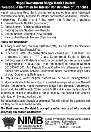 Nepal Investment Mega Bank Limited Sealed-Bid Invitation for Interior Construction of Branches