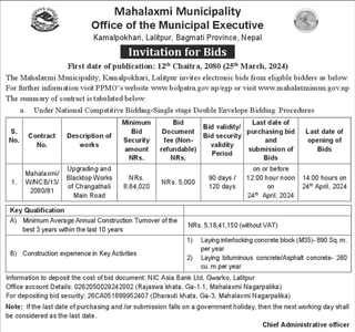 Bid Invitation from Mahalaxmi Municipality for road work