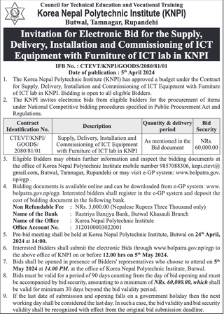 Bid Invitation for Supply, Delivery, Installation and Commissioning of ICT Equipment with Furniture of ICT lab in KNPI