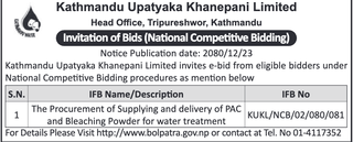Kathmandu Upatyaka Khanepani Ltd invites bidders for the supply & delivery of PAC & Bleaching Powder