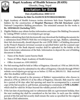 Rapti Academy of Health Sciences invites bidders