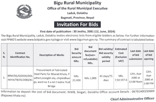 Procurement of Fabricated Steel Parts For Bharati Khola, P adheri, orangkh ola, chipledhun ga, ward no 3 a nd 2 Jodne Trail Bridge