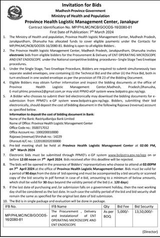 Invitation for Bids From Ministry of Health ( Madesh Province) for the Procurement & Delivery of ENT OPERATING MICROSCOPE AND ENT ENDOSCOPE