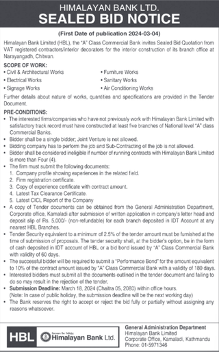 Sealed Bid Notice from Himalayan Bank LTD