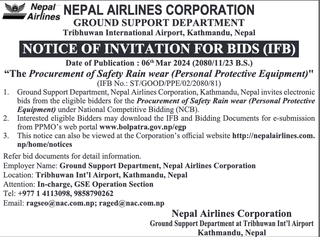 Notice of Invitation for Bids from Nepal Airlines Corporation