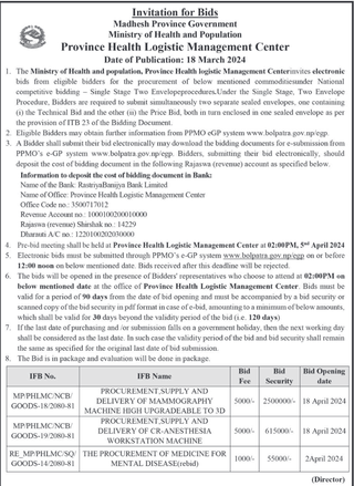 Bid Invitation from Ministry of Health and Population Province Health Logistic Management Center