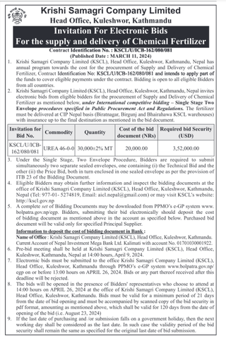 Invitation For Electronic Bids For the supply and delivery of Chemical Fertilizer