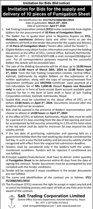 Invitation for Bids for the supply and delivery of 10 pieces of Fumigation Sheet