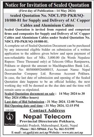 Notice for Invitation of Sealed Quotation- Nepal Telecom