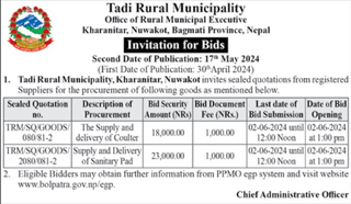 Tadi Rural Municipality invitation for bids