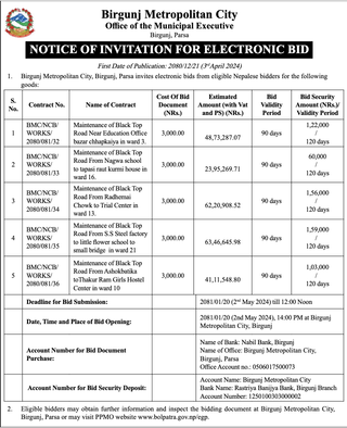 Notice of Invitation for Electronic Bid from Birgunj Metropolitan City