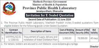 Procurement of supply, delivery and installation of Water Distillation Plant-The Province Public Health Laboratory
