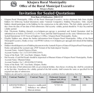 Khajura Rural Municipality Office of the Rural Municipal Executive invites bidders
