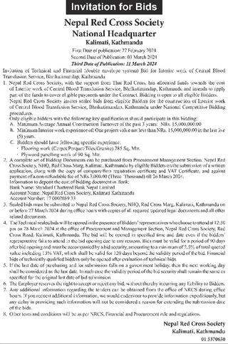 Invitation of Technical and Financial (double envelope system) Bid for Interior work of Cenual Blood Transfusion
