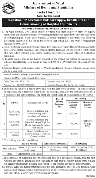 Invitation for Electronic Bids for Supply, Installation and Commissioning of Hospital Equipments