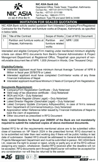 NIC ASIA invites bidders for work