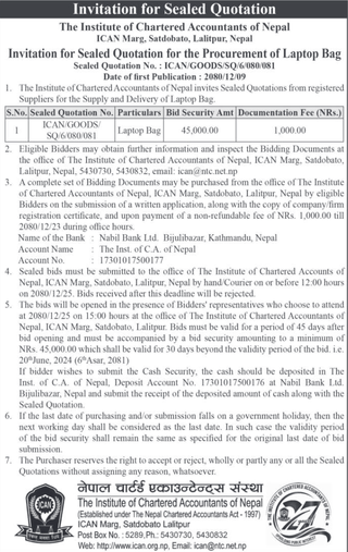 The Institute of Chartered Accountants of Nepal invites bidders