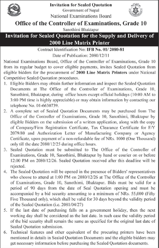 Invitation for Sealed Quotation for the Supply and Delivery of 2000 Line Matrix Printer