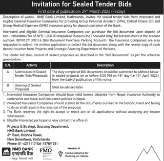 Invitation for Sealed Tender Bids from NMB Bank Limited