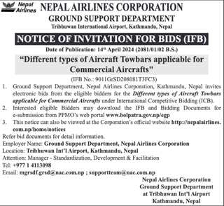 Bid Invitation for Different types of Aircraft Towbars applicable for Commercial Aircrafts 