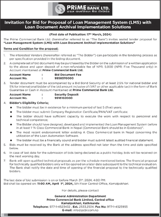 Invitation for Bid for Proposal of Loan Management System (LMS) with Loan Document Archival Implementation Solutions