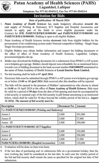 PAHS invites electronic bids for the procurement of air conditioning system 