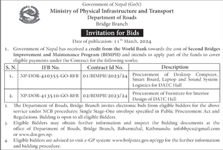 Invitation for Bids from Ministry of Physical Infrastructure and Transport