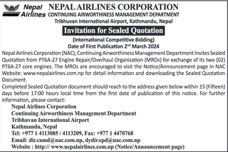 Invitation for Sealed Quotation- Nepal Airlines