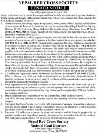 Bid Invitation for the supply and delivery of Blood Bags, Rapid Tests, CLIA Tests, Antisera and Other Materials for NRCS, Blood Transfusion Service