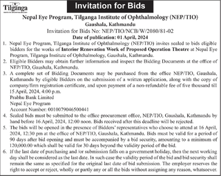 Bid Invitation for Interior Renovation Work of Proposed Operation Theatre at Nepal Eye Program