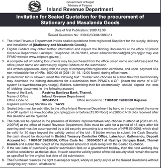 Invitation for Sealed Quotation for the procurement of Stationary and Masalanda Goods